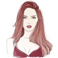Fashion beautiful woman with long red wavy hair. Vector hand drawn illustration.