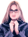 Fashion portrait of stylish young woman in glasses. Hair down. Glossy black coat