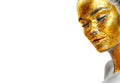 Fashion portrait of woman`s golden face closeup. Model girl with cracked gold foil on skin. Jewellery