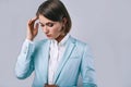 Fashion portrait of young elegant woman in azure man jacket Royalty Free Stock Photo