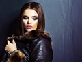 Fashion portraitof young woman with fur clothes.