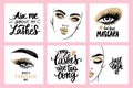 Fashion posters with female portraits, quotes about lashes and mascara. Woman with long Eyelashes.