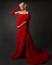 Fashion Pregnant Woman in Luxury Red Dress with Feather. Elegant Mother in evening Gown looking at Belly Side view. Pregnancy Royalty Free Stock Photo