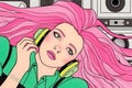 Fashion pretty woman with headphones listening to music in retro style. Neural network AI generated