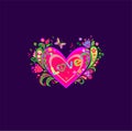 Fashion print on dark violet background for wedding and ValentineÃ¢â¬â¢s day design, t-shirt, hippy party poster with pink heart shap