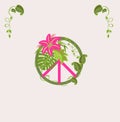 Fashion print for t shirt, bag design with Hippy peace sign with tropical leaves, hot pink exotic flower, liana and monstera