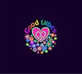 Fashion print for t-shirt, hippie party poster with heart shape, hippy peace sign, colorful good vibes slogan and flower-power