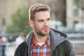 Fashion purposes comfort. Young man in casual clothing on urban background. Handsome man wear casual style. For casual Royalty Free Stock Photo