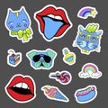 Fashion quirky cartoon doodle patch badges with cute elements. Royalty Free Stock Photo