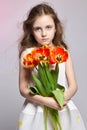 Fashion red-haired girl with tulips in hands. Studio photo on light coloured background. Birthday, holiday, mother`s day, first d Royalty Free Stock Photo