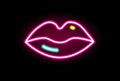 Fashion red lips neon line illumination vector flat illustration in outline style. Female mouth sign of kiss or love