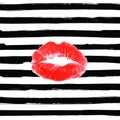 Fashion red lips print of woman with black line striped background. Vector illustration.Sexy lip make-up pattern. Open