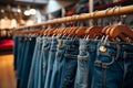 Fashion retail allure Denim pants hanging on rack in clothing