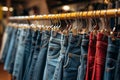 Fashion retail allure Denim pants hanging on rack in clothing