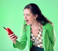 Fashion, retro phone and woman angry shouting on green background with cosmetics, makeup and beauty. Aesthetic, vintage