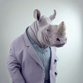 Fashion rhino in shirt. Light blue monochrome portrait. Generative AI