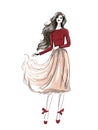 Fashion romantic outfit with wavy skirt sketch