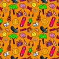 Fashion Seamless Comic Style Background with Brain, Lol, Cactus, Guitar and Palm