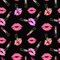 Fashion Seamless cosmetics pattern with lipstick kisses