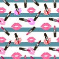 Fashion Seamless cosmetics pattern with lipstick kisses and lipsticks on blue striped background