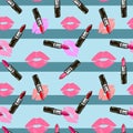 Fashion Seamless cosmetics pattern with lipstick kisses and lipsticks on blue striped background
