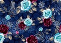 Fashion Seamless Leopard Print with Watercolor Roses on Dark Blue Background.