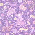 Fashion seamless multi symbol violet pattern with flowers, city elements and desserts