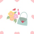 Fashion seamless pattern with beauty elements for women cosmetic bag, flowers, lipstick, hearts, lips.