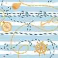 Fashion Seamless Pattern with Golden Chains and Anchor for Fabric Design. Marine Background with Rope, Knots Royalty Free Stock Photo