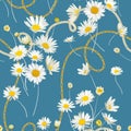 Fashion Seamless Pattern with Golden Chains and Daisy Flowers. Fabric Textile Floral Print with Chamomile and Jewelry