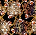 Fashion Seamless Pattern with Golden Chains. Fabric Design In snake skin Background