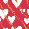 Fashion Seamless Pattern with Golden Chains and Hearts. Chain, Braid and jewelry Accessories Valentines Day Background