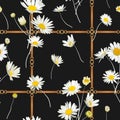 Fashion Seamless Pattern with Golden Chains, Straps and Daisy Flowers. Fabric Textile Floral Print with Chamomile Royalty Free Stock Photo