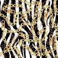 Fashion Seamless Pattern with Golden Chains and zebra print. Fabric Design Background with Chain, Metallic accessories Royalty Free Stock Photo