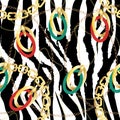 Fashion Seamless Pattern with Golden Chains and zebra print. Fabric Design Background with Chain, Metallic accessories Royalty Free Stock Photo