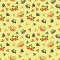 Fashion seamless pattern. Mountain ash, strawberry, blueberry, red currant, rowan and black chokeberry. Berry print. Textile