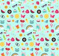 Fashion seamless pattern of patches 80s comic style. Pins, badges and stickers Collection cartoon pop art with a unicorn Royalty Free Stock Photo