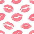 Fashion seamless pattern with printed lips kisses, lips prints wrapping paper. World kiss day, Valentine s day Royalty Free Stock Photo