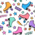 Fashion seamless pattern with retro colorful roller skates, stars, flashes, diamonds and typography