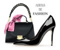 Fashion set with black high heel shoe and bag. Stylish accessories.