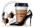 Fashion set with black high heel shoes, paper coffee cup, sunglasses and headphones. Coffee time concept.