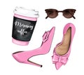 Fashion set with paper coffee cup, stylish pink shoes and sunglasses. Beautiful accessory flat lay.