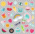 Fashion set of patches 80s comic style. Pins, badges and stickers Collection cartoon pop art with a unicorn, rainbow Royalty Free Stock Photo