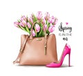 Fashion set with pink shoe, female bag and tulips.