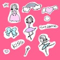 Fashion set of stickers with ballerina, princess and rainbow. Vector cartoon illustration with bow and magic wand. Royalty Free Stock Photo