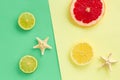 Fashion set of Tropical Fresh Summer citruses. Design. Fruit Citrus. Bright Color. Creative Art. Minimal. Top View. Summer Be