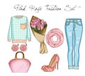 Fashion set of woman's clothes, accessories, and shoes . Casual outfits in blue denim and pink color Royalty Free Stock Photo