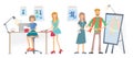 Fashion sewing Studio, Atelier. Women sew clothes with a sewing machine. A man tries on clothes. Vector illustration