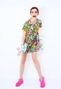 Fashion vogue model in colorful dress with