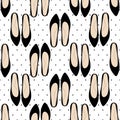 Fashion shoes seamless pattern on polka dots background.